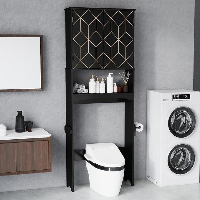 HLR Over The Toilet Storage Cabinet with Gold Trim, Over Toilet Bathroom Organizer with Adjustable Shelves and Toilet Paper Holder, Above Toilet Storage Cabinet Spacesaver for Bathroom (Black) - ModernBath