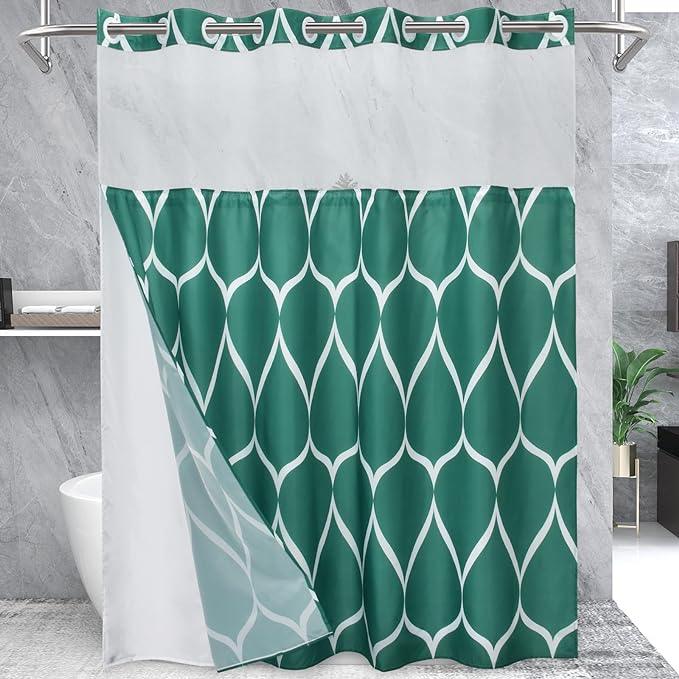 Yiatn No Hook Teal Blue Shower Curtain with Snap in Fabric Liner Set - Hotel Style with See Through Mesh Top Window, Modern Geometric Waterdrop Design,Waterproof and Washable, 71x74 INCH - ModernBath