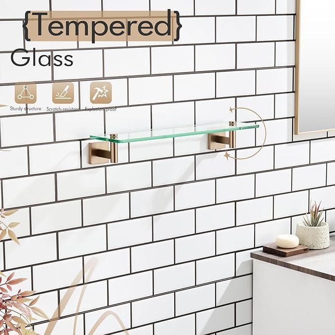 KOKOSIRI Wall Shelves Bathroom Hardware Glass Floating Shelf 20-Inch for Bedroom, Living Room, Kitchen, Hanging Rack Champagne Bronze B1105CPG-L20 - ModernBath