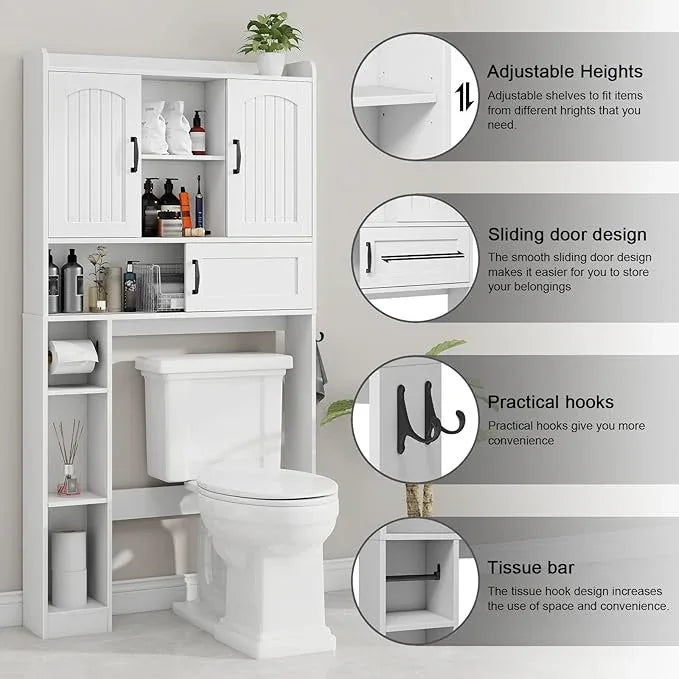 Vabches Farmhouse Over The Toilet Storage Cabinet with 2 Barn Doors & Sliding Door, Over The Toilet Bathroom Organizer with Open Storage Layer and Adjustable Shelves & Hooks.White - ModernBath