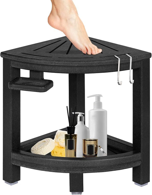 LOENIY 2-Tier Corner Shower Stool with Hooks & Soap Dish, HDPE Shower Bench for Shaving Legs, Wood-Like Shower Stool for Inside Shower with Non-Slip Foot Pads, Waterproof Shower Foot Rest (Black)