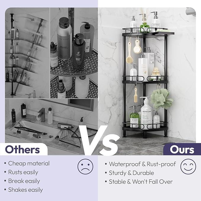 SWTYMIKI Corner Shower Caddy Standing - 3 Tier Rustproof Metal Shower Organizer Stand with Soap Holder and 4 Hooks, Freestanding Floor Shower Storage Stands for Bathroom, Black - ModernBath