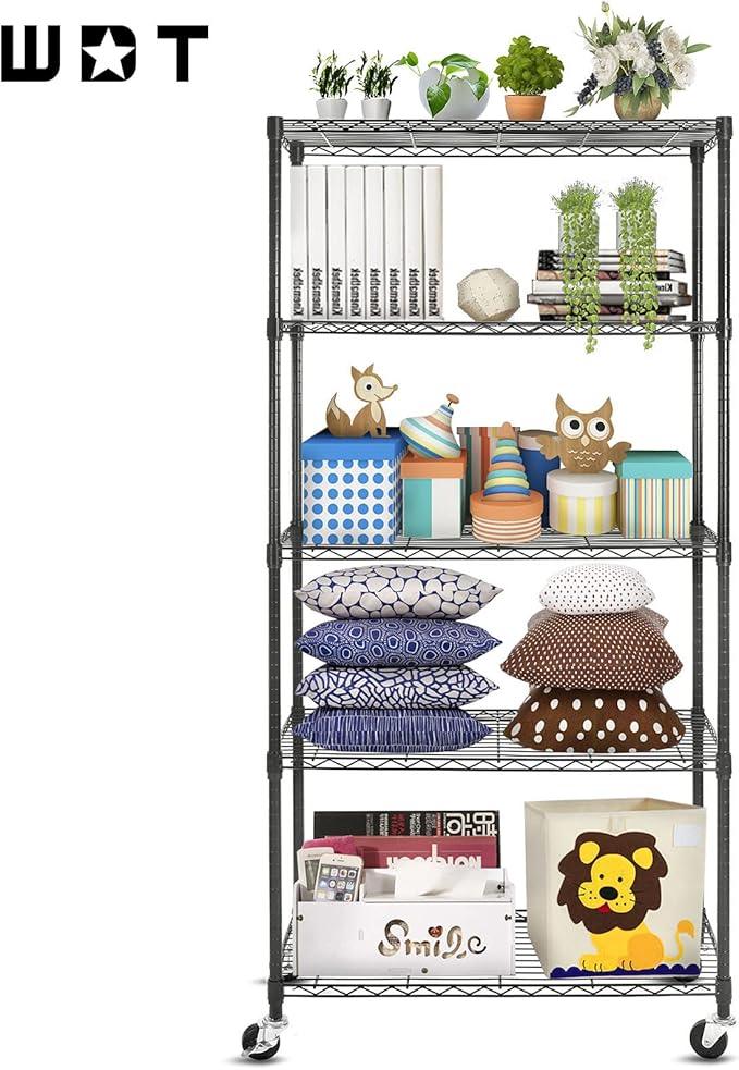 WDT 5-Shelf Shelving Units on Wheels Casters, Adjustable Heavy Duty Metal Shelf Wire Storage Rack for Home Office Garage Kitchen Bathroom Organization(16”Wx36”Dx75”H), Black - ModernBath