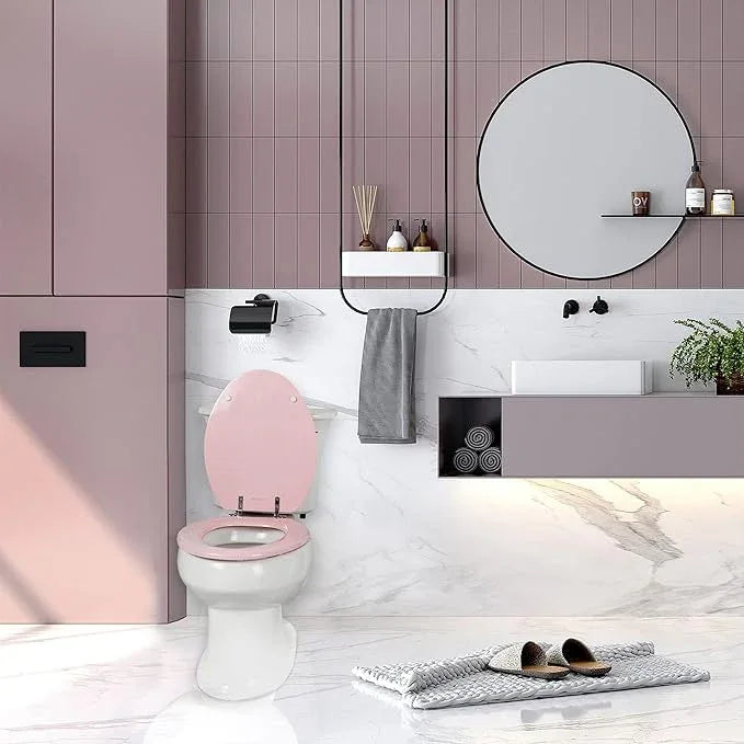 Pink Elongated Toilet Seat Natural Wood Toilet Seat with Zinc Alloy Hinges, Easy to Install also Easy to Clean, Scratch Resistant Toilet Seat by Angol Shiold (Elongated, Pink) - ModernBath