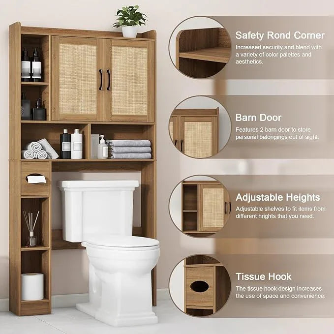 Farmhouse Rattan Storage Cabinet Over Toilet - 2 Door with Toilet Paper Holder - Space-Saving for Bathroom, Oak - ModernBath