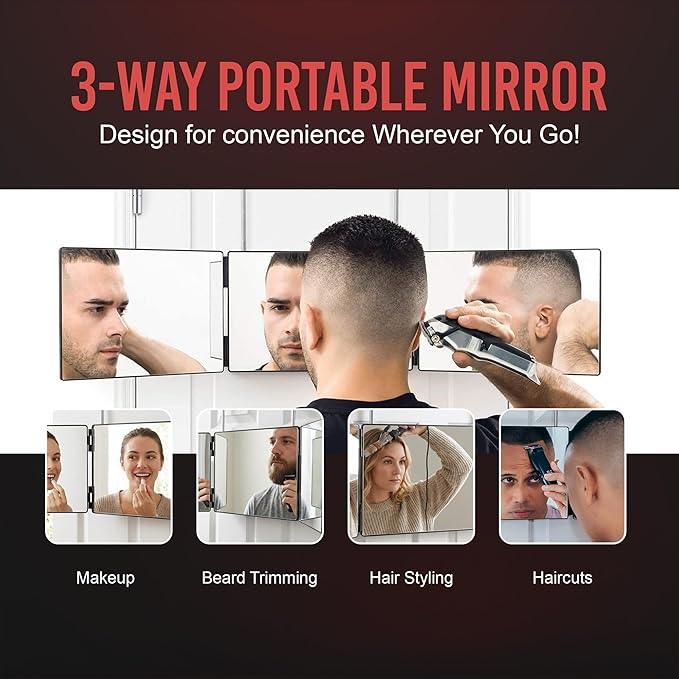 Self-Cut System 3 Way Barber Mirror with Height Adjustable Hooks, 360 Trifold Self Cut Mirror for Haircuts for Men and Women, Travel-Friendly, Three-Way Design for Easy Grooming & Styling - ModernBath