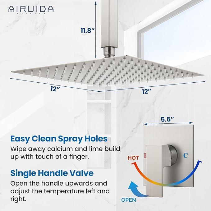 Airuida Shower Faucet Set and Handle Set Single Function Shower Trim Kit Ceiling Mount Rainfall Shower System with Male Threads and Rough-in Valve 12 Inch Square Shower Head Brushed Nickel - ModernBath