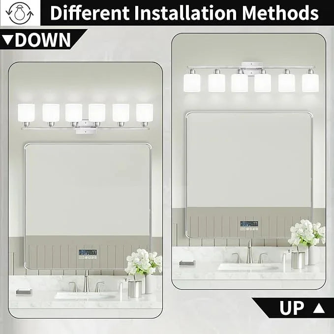 Brushed Nickel Vanity Light for Large Mirror, 6 Light Bathroom Lighting Fixtures Over Mirror with Milky White Frosted Glass Shades, 38 inch Bathroom Light for Mirrors, E26 Socket - ModernBath