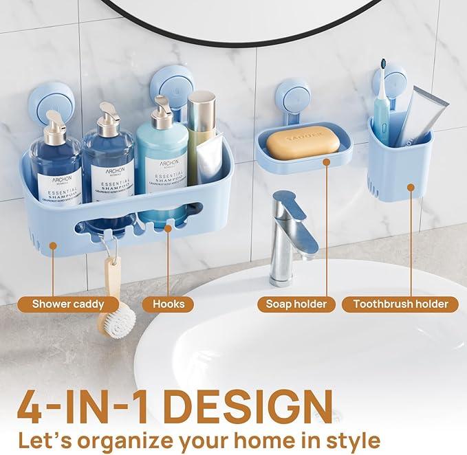 LEVERLOC Shower Caddy Suction Cup Set Shower Organizer & Soap Holder & Toothbrush Holder, Bathroom Shelf Basket NO-Drilling, Removable Suction Storage Waterproof Bathroom Caddy, Blue - ModernBath