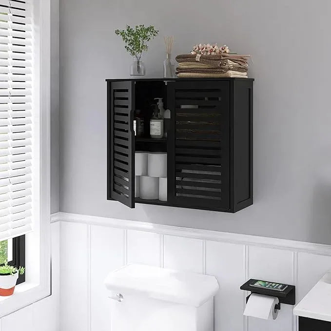 HITNET Black Bathroom Storage Cabinet, Hanging Medicine Cabinet with Adjustable Shelf, Bamboo Over The Toilet Wall Mounted Space Saver Organizer, Double Doors - ModernBath