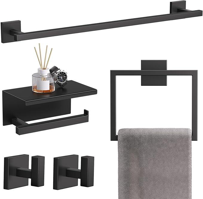 TQKAG 5-Pieces Matte Black Bathroom Hardware Accessories Set 23.6" SUS304 Stainless Steel Towel Bar Set Wall Mounted Square Toilet Paper Holder with Shelf - ModernBath