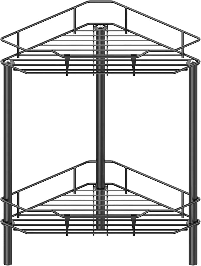 2 Tier Floor Standing Corner Shower Caddy Organizer Shelf with Hooks, Bathroom Shelves Stand Rack, Black - ModernBath
