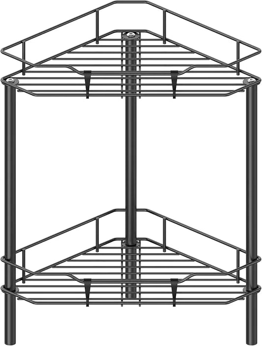 2 Tier Floor Standing Corner Shower Caddy Organizer Shelf with Hooks, Bathroom Shelves Stand Rack, Black - ModernBath