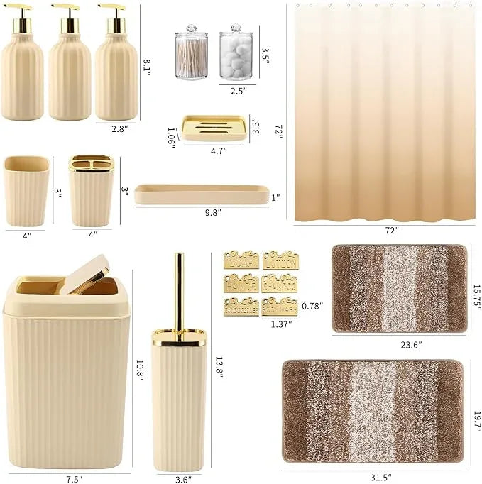 WSBArt 32PCS Bathroom Set Bathroom Sets with Shower Curtain and Rugs Beige Bathroom Accessories,Shower Curtain Set,Bathroom Rug Set with Bathroom Trash Can - ModernBath