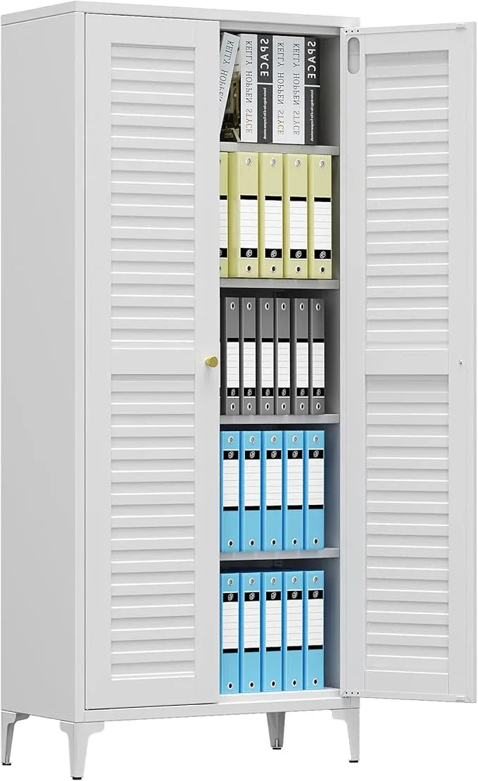 64" H Kitchen Pantry Storage Cabinet, Metal Storage Cabinets with 4 Adjustable Shelves for Kitchen Bathroom Living Room, Required Assembly, White - ModernBath