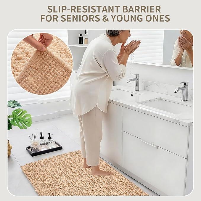 Ruggnovea Chenille Bathroom Rugs Non Slip Washable 60x24, Extra Thick Soft Absorbent Chenille Bath Mat, Non-Slip Barrier Backing, Quick Dry Machine Washable Bath Mats Tub, Shower,Floor/Sink,Beige - ModernBath
