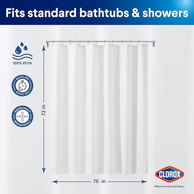 CLOROX Shower Curtain Liner, Premium Striped Medium-Weight Durable Waterproof 6g PEVA for Bathroom with Weighted Magnets, Printed Standard Size 72" x 72", White - ModernBath