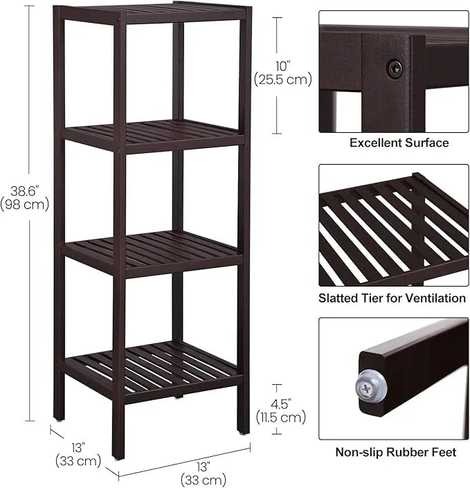 SONGMICS Bamboo Storage Shelf, 4-Tier Shelving Unit, Multifunctional, in the Entryway, Bathroom, Living Room, Balcony, Kitchen, 13 x 13 x 38.6 Inches, Brown UBCB54C - ModernBath
