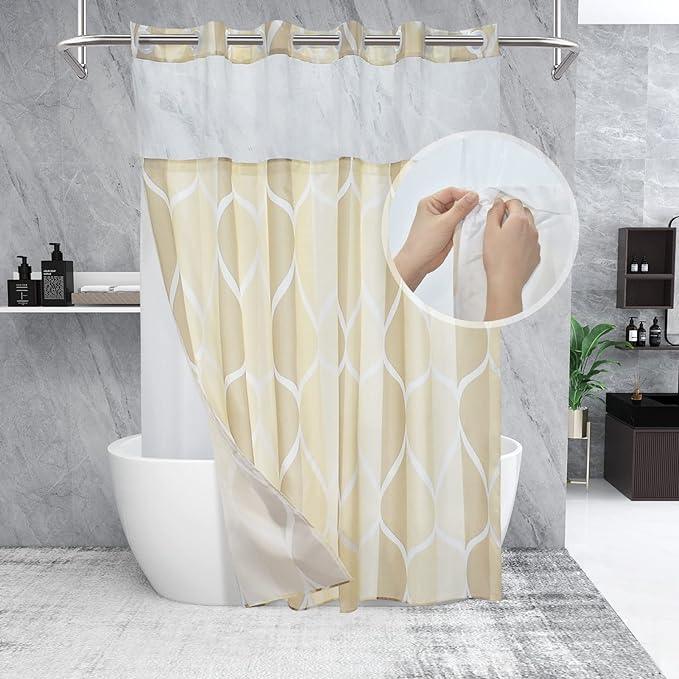 Yiatn No Hook Ivory Luxury Double Shower Curtain with Snap in Fabric Liner Set-Hotel Style with See Through Mesh Top Window, Modern Geometric Waterdrop Design,71x74 INCH - ModernBath