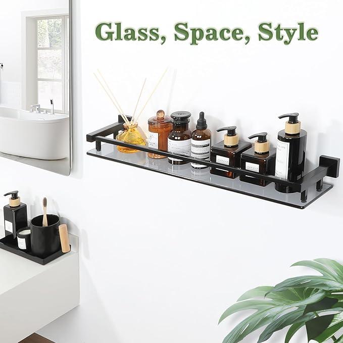 Alise Bathroom Shelf Wall Mounted, Matte Black Large Capacity Glass Shelf for Bathroom, 24 inch - ModernBath