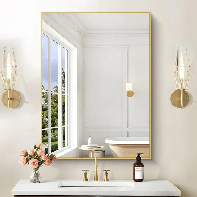 COFENY 30x40In Gold Bathroom Mirror for Wall, Brushed Gold Rectangle Mirrors with Metal Frame, Bathroom Rectangular Mirror Modern Wall Mirror for Bedroom Living Room, Hangs Horizontal or Vertical - ModernBath
