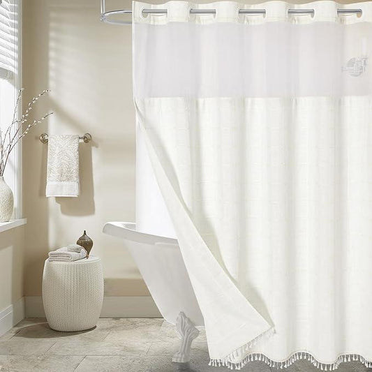 MitoVilla No Hooks Required Farmhouse Shower Curtain with Snap-in Liner - with Window & Magnets, Boho Cotton Linen Fabric Shower Curtains with Tassels for Rustic Bathroom Decor, Ivory, 72 x 74 - ModernBath