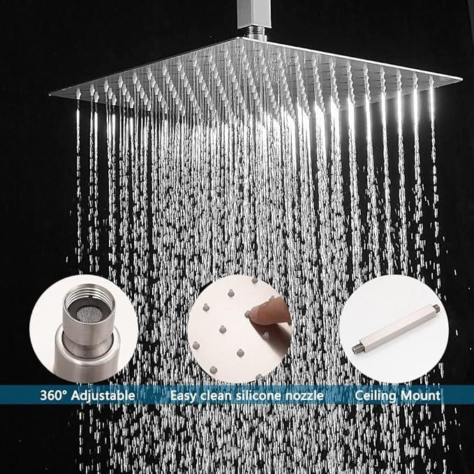 JingGang 12 Inch Ceiling Mount Brushed Nickel Shower System Bathroom Luxury Rain Mixer Shower Combo Set Ceiling Rainfall Shower Head System (Contain Shower Faucet Rough-in Valve Body and Trim Kit) - ModernBath