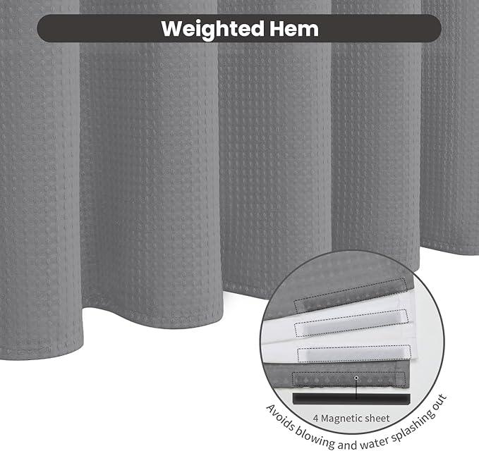 Inhousolu No Hook Waffle Weave Shower Curtain with Removable Snap in Fabric Liner Set for Bathroom, 230 GSM Heavy Duty Weighted Hem, Water Repellent Washable Bath Curtains, 72 x 78 Inch, Grey - ModernBath