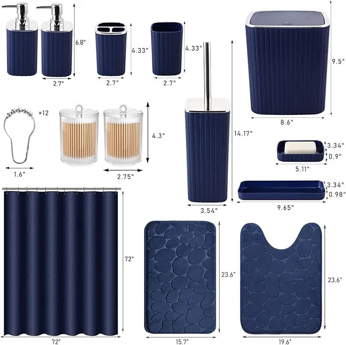 XLHOMO Bathroom Set with Shower Curtain and Rugs- 25PC Bathroom Accessory Set, Navy Blue Shower Curtain Set, Toilet Brush, Trash Can, Qtip Holder Dispenser & Soap Dispenser - ModernBath