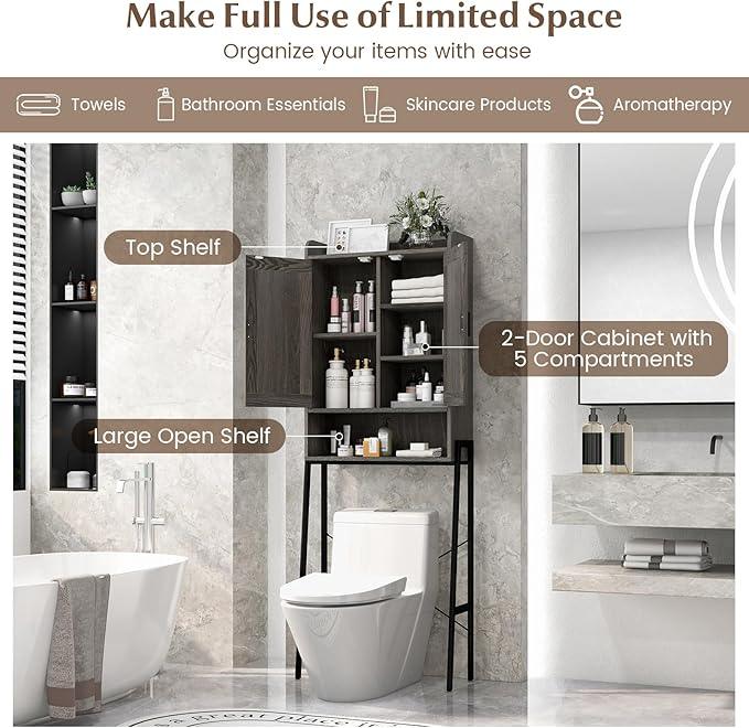 Giantex Over The Toilet Storage Cabinet, Freestanding Space Saver Above Toilet Storage with Metal Stand, Adjustable Shelves & 2 Hooks, Wooden Over Toilet Bathroom Organizer for Laundry Room, Restroom - ModernBath