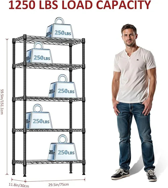 IZEUK 5 Tier Black Metal Storage Shelves, Heavy Duty Wire Shelving Rack for Garage, Kitchen, Bathroom, Laundry, Closet Organizer, 1250 lbs Capacity, 11.8" D x 29.5" W x 59.5" H - ModernBath