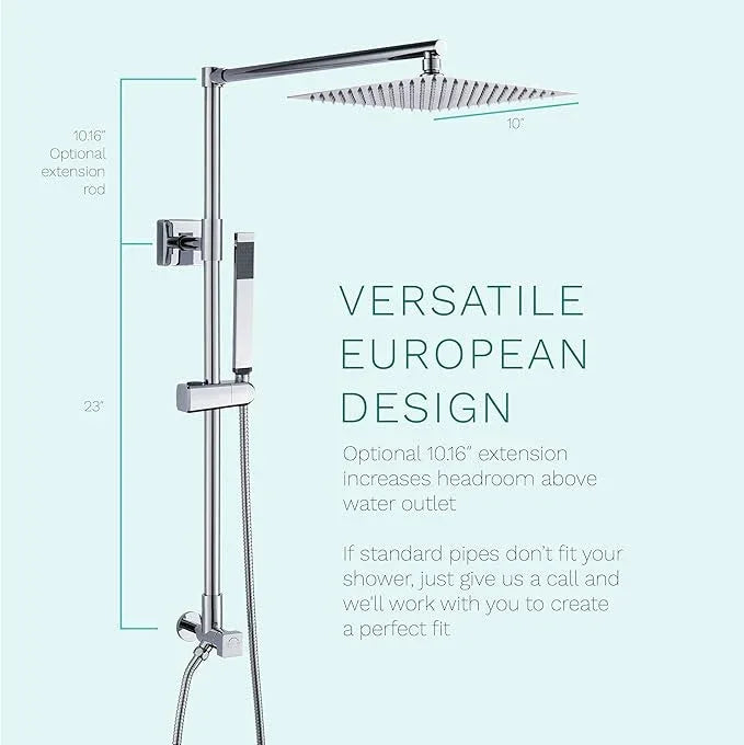 Fennocasa Polaris Lux Rain Shower System, includes 10” Square Rainfall Shower Head and Handheld Shower Combo, Height Adjustable Spray Holder, Retrofit, 60” Hose (2.5 GPM Chrome) - ModernBath
