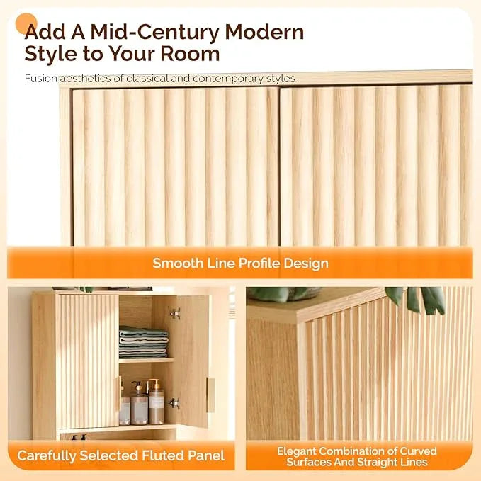 VINGLI Over The Toilet Storage Cabinet with Fluted Doors, Mid Century Modern Bathroom Organizer Over Toilet, Freestanding Wooden Space Saver Stand with Adjustable Shelves, Natural Oak - ModernBath