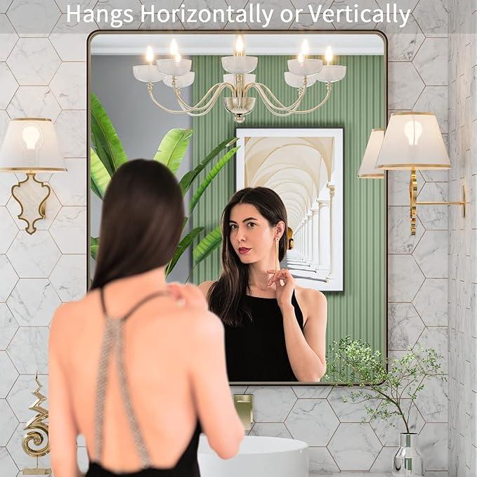 LOAAO 30”X36” Bronze Bathroom Mirrors for Vanity, Rounded Rectangle Brushed Bronze Metal Frame Mirror, Anti-Rust, Tempered Glass, Hangs Horizontally or Vertically - ModernBath
