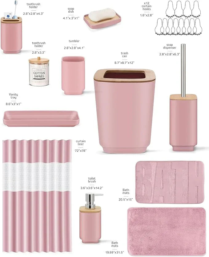 Bathroom Accessories Set,Pink Bathroom Set,24 Pieces Bathroom Accessory Set with Shower Curtain,Trash Can for Bathroom Accessories Décor and Home Gifts - ModernBath