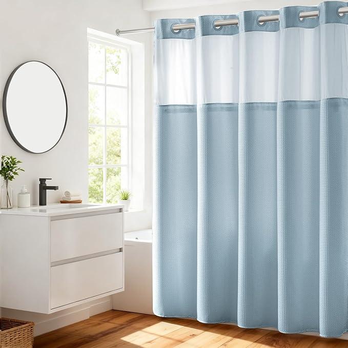 River Dream Heavyweight No Hooks Required Dotted Waffle Weave Shower Curtain with Snap in Liner - 71W x 74H,Hotel Grade,Spa Like Bath Curtain,Blue - ModernBath