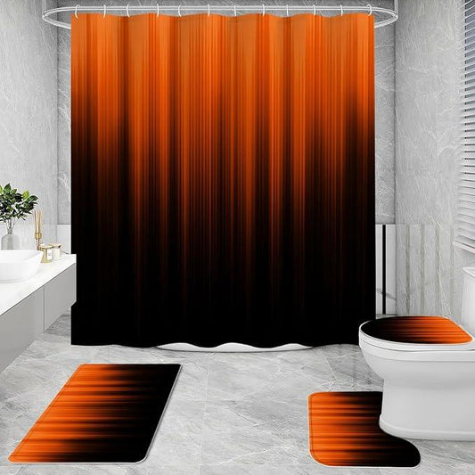 Litabel 4 Pcs Orange and Black Gradient Shower Curtain Set with Rugs and Toilet Lid Cover, Modern Simple Waterproof Fabric Bathroom Set, Ombre Stripe Gothic Abstract Bathroom Decor Set Accessories - ModernBath