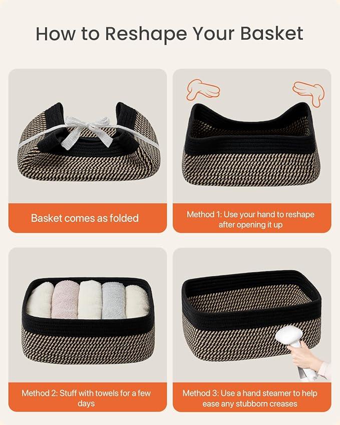 Small Woven Basket, 13.5 x 9.5 x 5 Inches, Storage Basket for Organizing, Cute Small Rope Shelf Closet Cube Storage Bins Baskets for Shelves, Dog Toy Gift Baskets Empty, 3 Pack Black & Brown - ModernBath