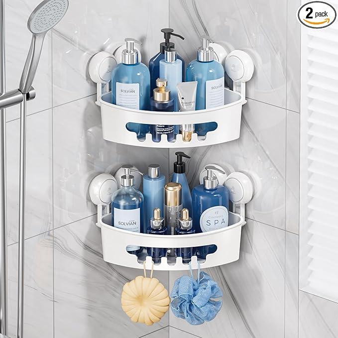 TAILI Suction Corner Shower Caddy, Bathroom Shelf Storage Basket Wall Mounted Organizer for Shampoo, Conditioner, Plastic Rack for Kitchen&Bathroom, Drill-Free Removable (2 Pack) - ModernBath
