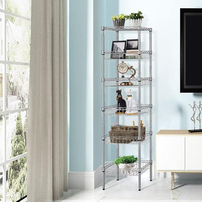 BNSPLY 6 Tier Wire Shelving Unit with Baskets Shelving, Height Adjustable Wire Shelves, Metal Storage Rack for Kitchen, Bathroom, Laundry Closet (13.5" D x 13.5" W x 63" H, Silver) - ModernBath