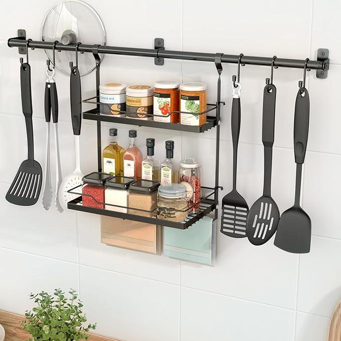 NADAMOO Kitchen Utensil Hanger and Spice Rack with Towel Rack Holder，Wall Mount Space Saving Metal Storage Organizer for Pantry, Countertop, Bathroom - ModernBath