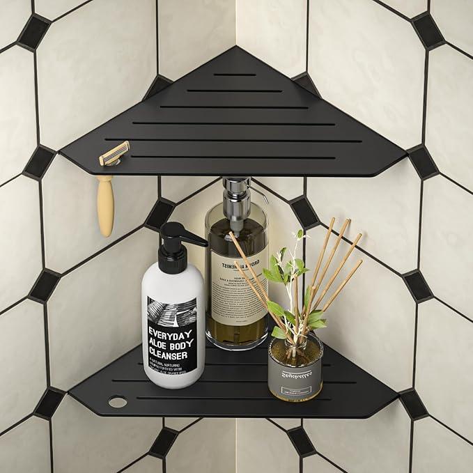 Corner Shower Shelves, Pentagonal Grout in Shelf w/Razor Holding Hole, 304 Stainless Steel Bathroom Shelf (Matte Black) - ModernBath