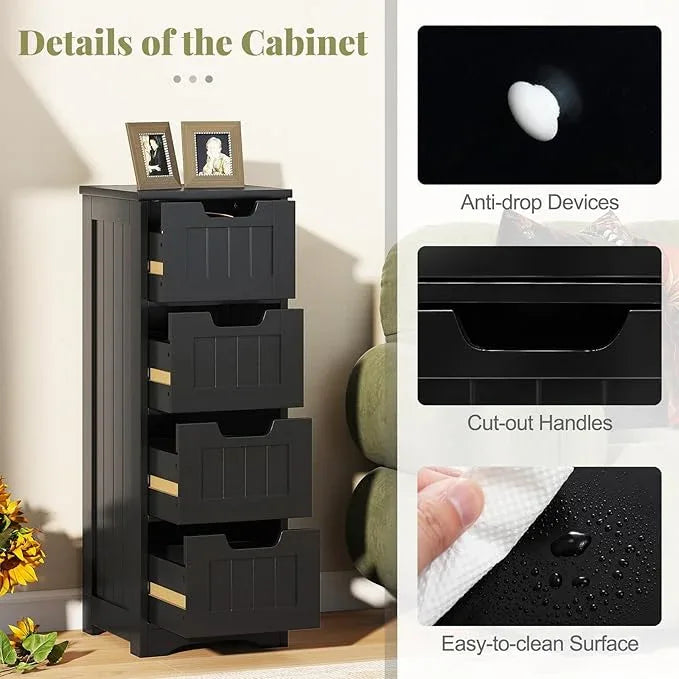 Tangkula Bathroom Floor Cabinet with 4 Drawers, 12 x 12 x 33 Inch, Freestanding Storage Cabinet for Bathroom Living Room, Wooden Cabinet Organizer Unit for Home Office (Black) - ModernBath