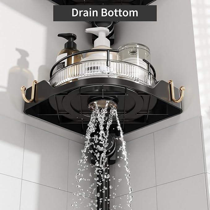 akinbas Shower Caddy Tension Pole with 4 L-Lazy Susan Organizer 360 Rotating 35-128 Inch No Drilling Floor Standing Shelves Adjustable Shower Rack for Bathroom Corner (Black) - ModernBath