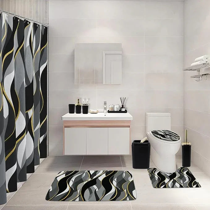 XLHOMO Bathroom Set - Black and Gold Bathroom Accessories, Bathroom Sets with Shower Curtain and Rugs, Black Shower Curtain Set with Bathroom Trash Can, Soap Dispenser, Soap Dish for Home Decor - ModernBath