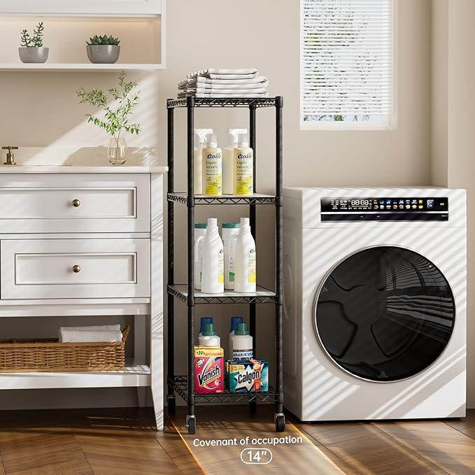 4 Tier Shelves Storage Shelf Wire Closet Bathroom Organizers Metal Pantry Kitchen Garage Shelving Unit Laundry Room Organization Home Rack Net Basket Black with Wheels 14”D X 24”W X 48.9”H - ModernBath