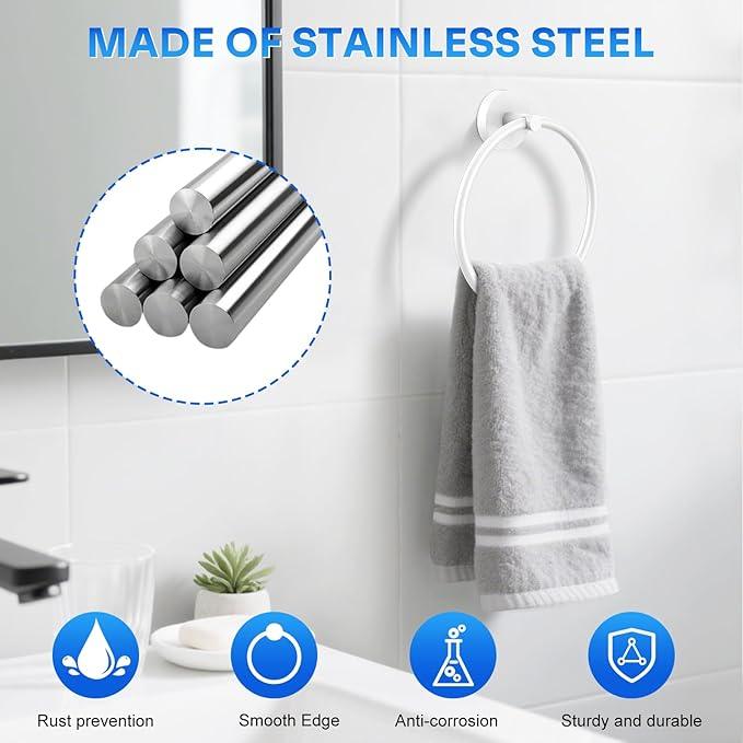 Hand Towel Holder Screw-in Stainless Steel Towel Ring for Bathroom Wall White Towel Hanger Round Towel Racks for Bathroom Decor and Accessories, 2 Packs - ModernBath