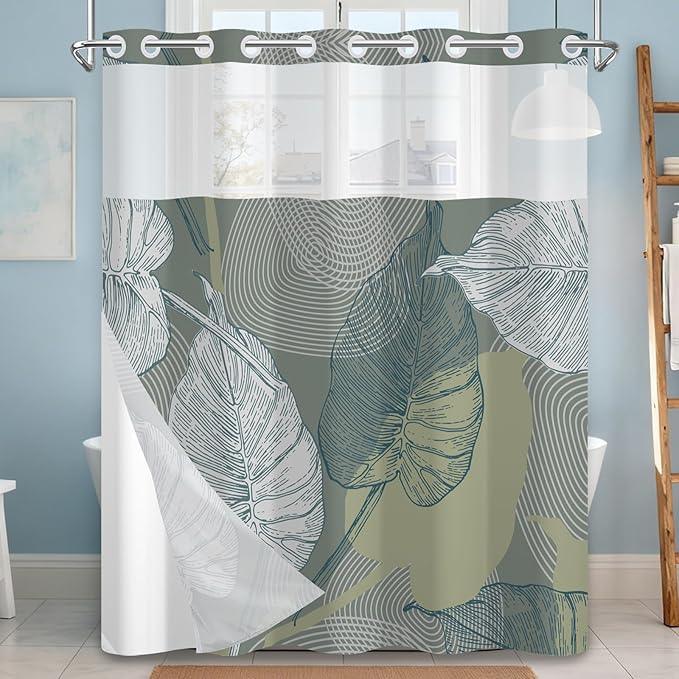 NAEMBCU No Hook Shower Curtain with Snap-in Liner, Tropical Gray-Green Watercolor Plant Bath Curtain with See Through Top, Waterproof Double Layer for Bathroom Decor, 71 x 74 Inch - ModernBath