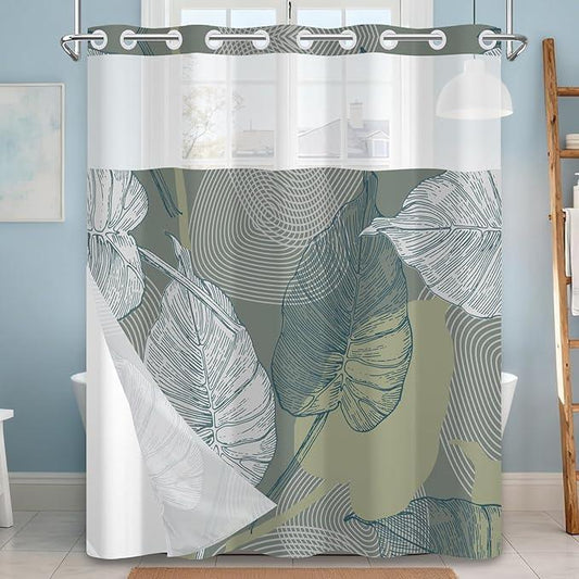 NAEMBCU No Hook Shower Curtain with Snap-in Liner, Tropical Gray-Green Watercolor Plant Bath Curtain with See Through Top, Waterproof Double Layer for Bathroom Decor, 71 x 74 Inch - ModernBath
