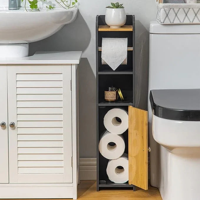 AOJEZOR Toilet Paper Holder Stand: Small Bathroom Storage Cabinet - Black - Bamboo - ModernBath